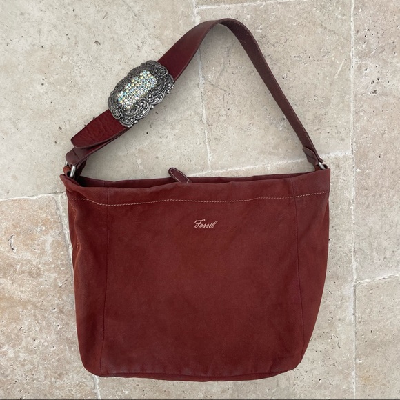 FOSSIL •Brushed Canvas/Wide Leather Strap Shoulder Bag with Rhinestone Buckle - Picture 2 of 12